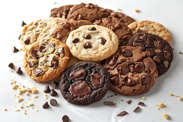 Assorted half chocolate chip cookies with gooey centers, scattered on parchment paper with visible crumbs and melted chips
