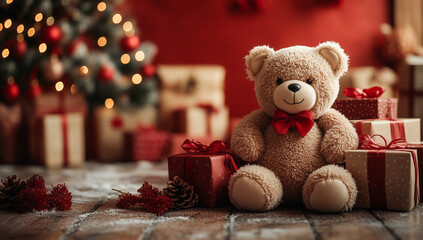 Cute teddy bear with red bow surrounded by christmas gifts and tree
