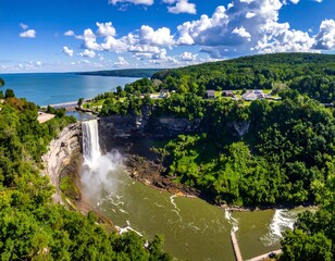 An aerial perspective of a picturesque waterfall cascading down rugged cliffs, flowing into a river that meets a vast body of water