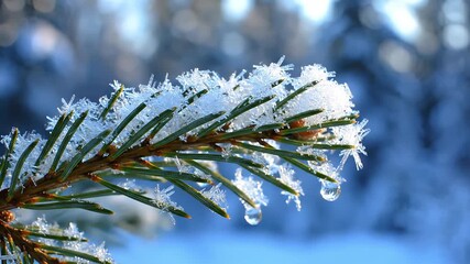 Close-up of a frosted pine branch with ice crystals and water droplets, blurred background - Powered by Adobe