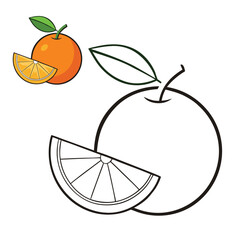A vibrant orange with lush green leaves and a juicy slice, perfect for coloring, highlighting fresh fruit textures and cheerful, healthy details for all ages.
