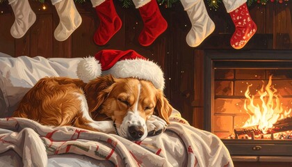 Dog in Santa hat sleeping on a cozy couch beside a glowing fireplace with Christmas stockings above.