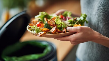 Female Hand Discards Leftover Vegetables into Trash, Highlighting Food Waste