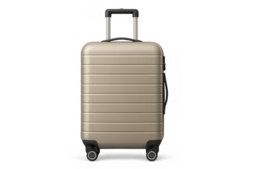 Beige hard shell luggage with four wheels and telescoping handle, ready for a trip on a transparent background