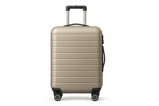 Beige hard shell luggage with four wheels and telescoping handle, ready for a trip on a transparent background