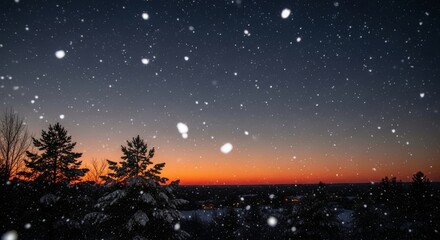 Mesmerizing winter twilight scene with gentle snowfall over silhouetted evergreen trees, a serene and picturesque landscape capturing the peaceful beauty of a cold evening