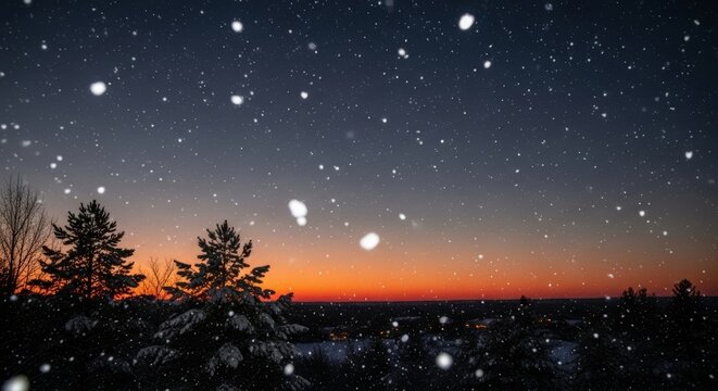 Mesmerizing winter twilight scene with gentle snowfall over silhouetted evergreen trees, a serene and picturesque landscape capturing the peaceful beauty of a cold evening