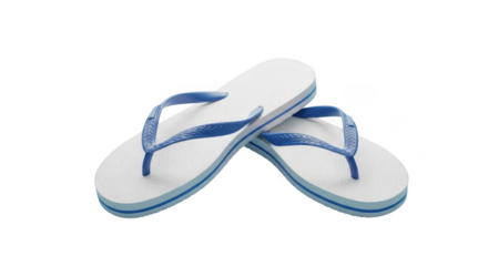 Pair of white flip flops with blue straps on a solid background for summer wear