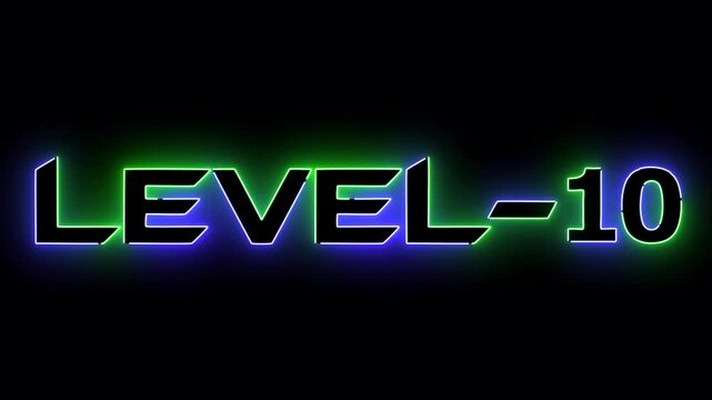 Blue and green neon glowing level 10 text font icon animation. Neon level sign. Level text animation on black background.
