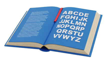 Open blue book displaying alphabetical letters and text pages ideal for learning