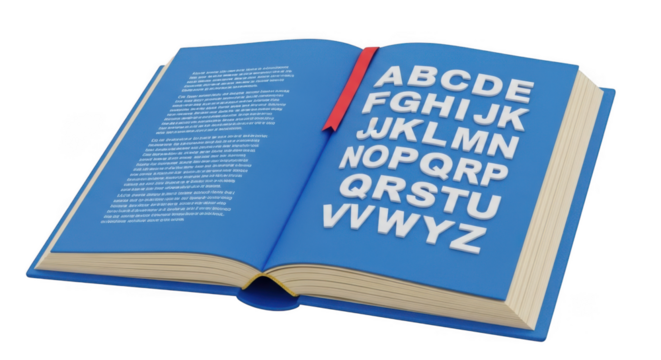 Open blue book displaying alphabetical letters and text pages ideal for learning