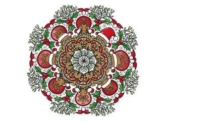 A festive, symmetrical illustration featuring a central ornamental design adorned with holiday elements in vibrant colors