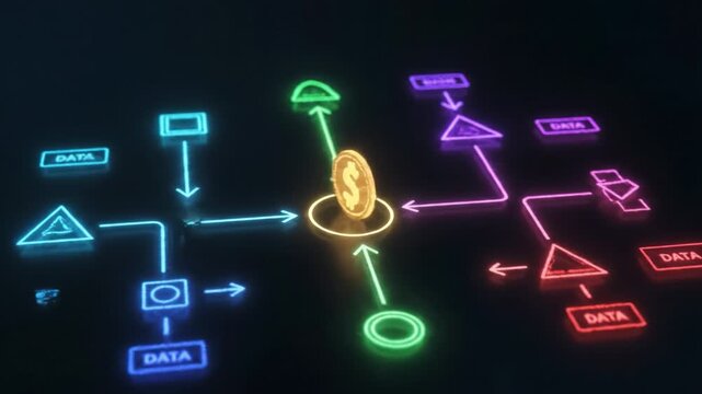 Digital coin illuminated by vibrant neon colors, surrounded by geometric shapes and arrows, showcasing data flow and connections in futuristic technology landscape