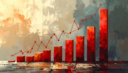 An abstract painting depicts a red rising line graph with bar chart columns in increasing heights, against a textured, painterly background