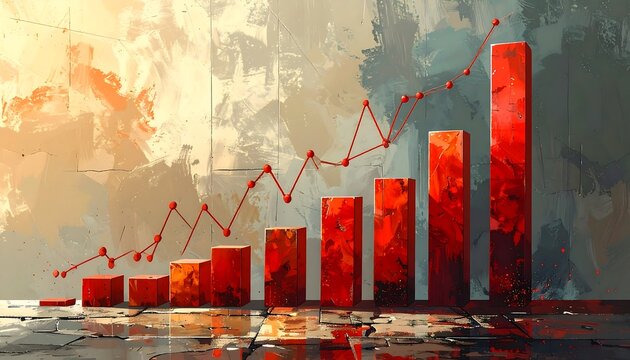 An abstract painting depicts a red rising line graph with bar chart columns in increasing heights, against a textured, painterly background