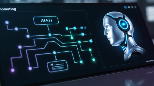 Futuristic automated technology interface showcases robotic head with glowing elements, emphasizing artificial intelligence, data processing, and innovation in digital automation