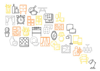 Home decor icons background. Domestic items thin line illustration.
