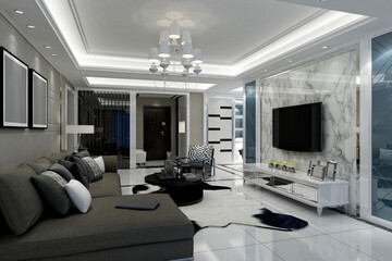 3d render of modern home interior living room, dining area