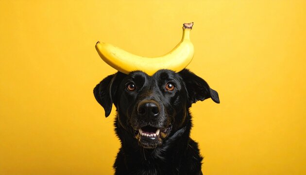 Black dog balancing a banana on its head against a bright yellow background, playful and surreal.