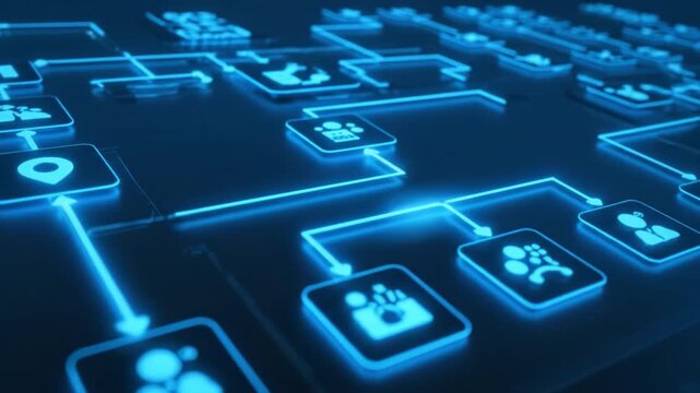Digital Flowchart Showcasing Glowing Blue Icons for Processes and Connections, Emphasizing Technology, Data Management, and Information Exchange in Modern Network Visualization