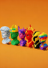 Fototapeta premium Colorful Pixelated Bust Sculptures in Profile on Orange Background
