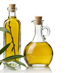 Glass olive oil bottles with cork stoppers and olive branches  