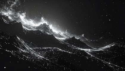 Abstract grayscale artwork depicting a mountain range, with illuminated particle trails creating an ethereal, celestial effect