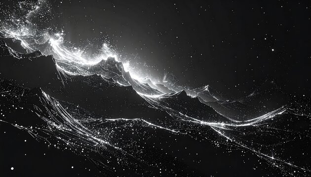 Abstract grayscale artwork depicting a mountain range, with illuminated particle trails creating an ethereal, celestial effect
