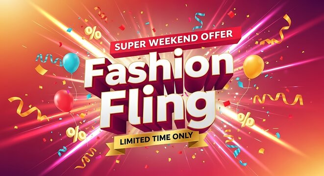 Announcing a super weekend fashion fling with limited time offers, get ready for a colorful celebration with vibrant balloons, confetti, and exciting savings