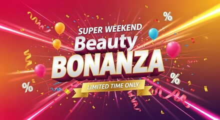 Get ready for a super weekend beauty bonanza with limited-time deals! Celebrate savings with vibrant balloons and dazzling confetti during this special event, don't miss out on beauty deals!