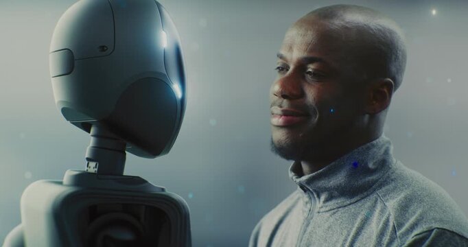 Man and Robot Companion in Near Future Tech Environment. Adult man AI robot looking each other, suggesting moment of collaborative check in. Concept future proof technology and advanced assistance.