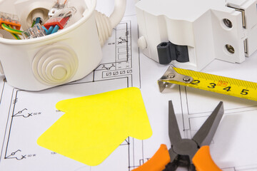 Electrical components for electric installations, construction drawings, work tools and shape of...
