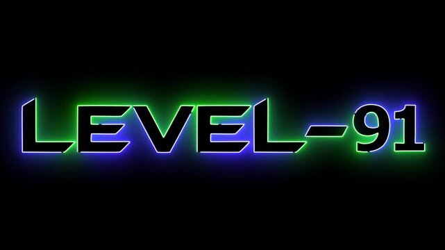 Blue and green neon glowing level 91 text font icon animation. Neon level sign. Level text animation on black background.