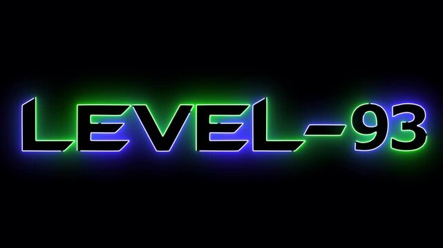 Blue and green neon glowing level 93 text font icon animation. Neon level sign. Level text animation on black background.
