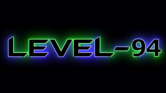 Blue and green neon glowing level 94 text font icon animation. Neon level sign. Level text animation on black background.