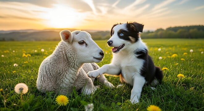 A fluffy lamb nuzzles with a cute puppy with one blue eye, both in a field of green grass with dandelions as the sun sets