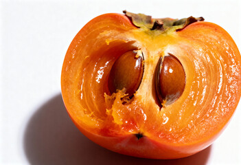 Juicy Persimmon Half with Seeds on White Background(generated by AI)