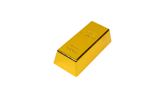 A large gold bar and several smaller gold ingots, accompanied by scattered gold coins, symbolizing wealth and investment, isolated on a white background Isolated.