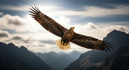 Obraz premium A majestic eagle soars gracefully through the sky with outstretched wings, showcasing the breathtaking landscape behind