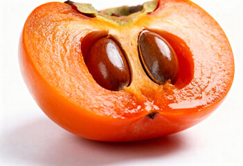 Juicy Persimmon Half with Seeds on White Background(generated by AI)