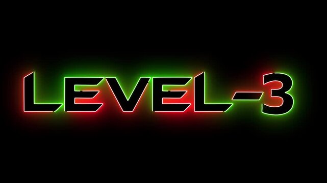 Red and green neon glowing level 3 text font icon animation. Neon level sign. Level text animation on black background.
