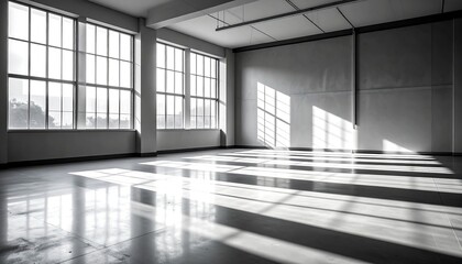 An empty, sunlit room with large windows casting shadows across the floor. The bright light highlights the emptiness and minimalist design