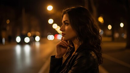 Young woman looking thoughtful at night with city lights bokeh - Powered by Adobe