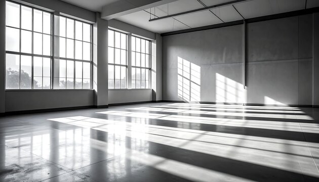 An empty, sunlit room with large windows casting shadows across the floor. The bright light highlights the emptiness and minimalist design