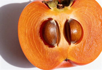 Juicy Persimmon Half with Seeds on White Background(generated by AI)