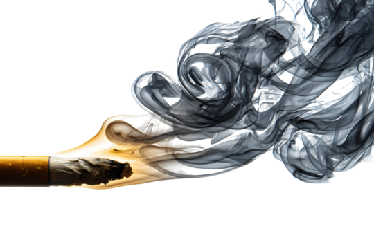 Dramatic close-up of lit cigarette with swirling black smoke concept