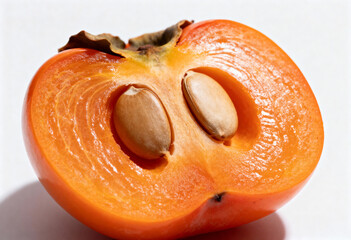 Juicy Persimmon Half with Seeds on White Background(generated by AI)
