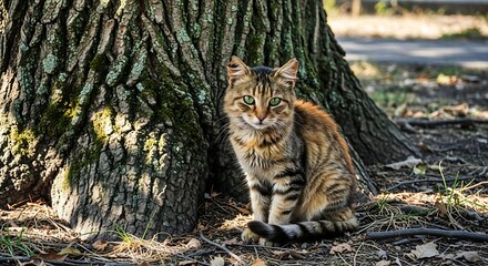 A fluffy, tabby cat with striking green eyes sits beneath a large tree, its fur a mix of brown, black, and orange. The sunlight creates a dappled effect