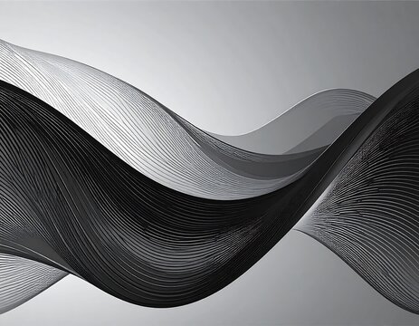 Abstract grayscale illustration featuring flowing, layered wave-like forms. The design has a gradient background and a textured, striped appearance