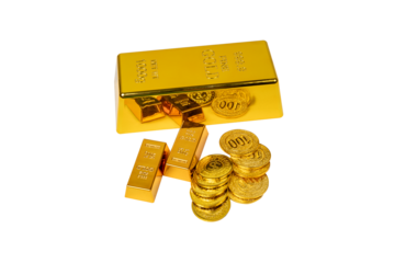 A large gold bar and several smaller gold ingots, accompanied by scattered gold coins, symbolizing wealth and investment, isolated on a white background Isolated.